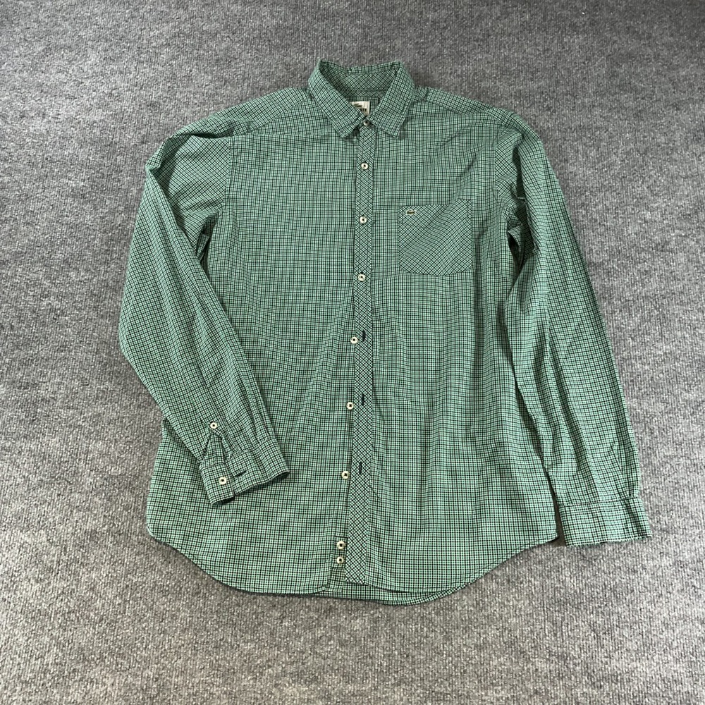 Lacoste Mens Classic Fit Green Gingham Check Long Sleeve Button Down Shirt 40 M